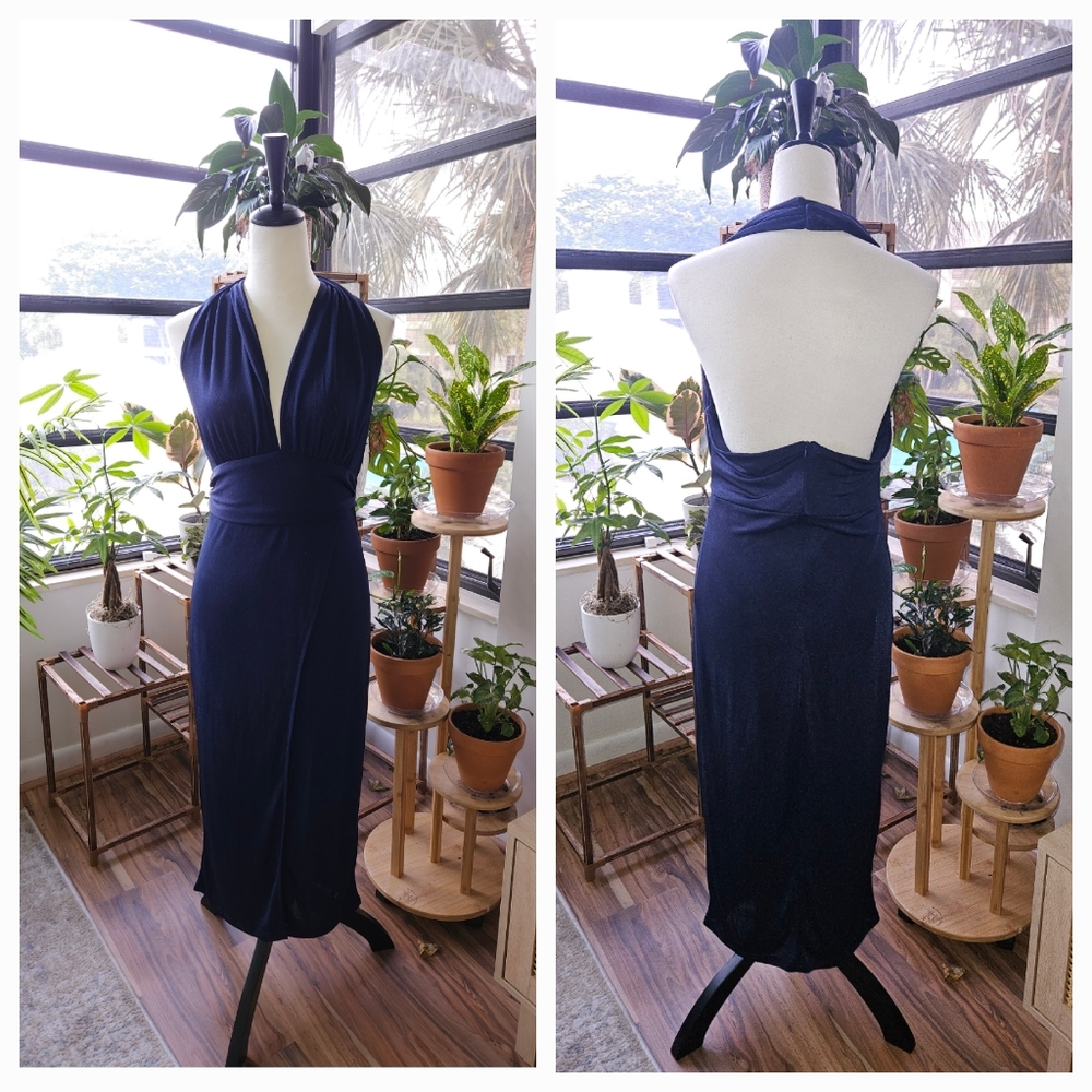Elegant Navy Halter Midi Dress